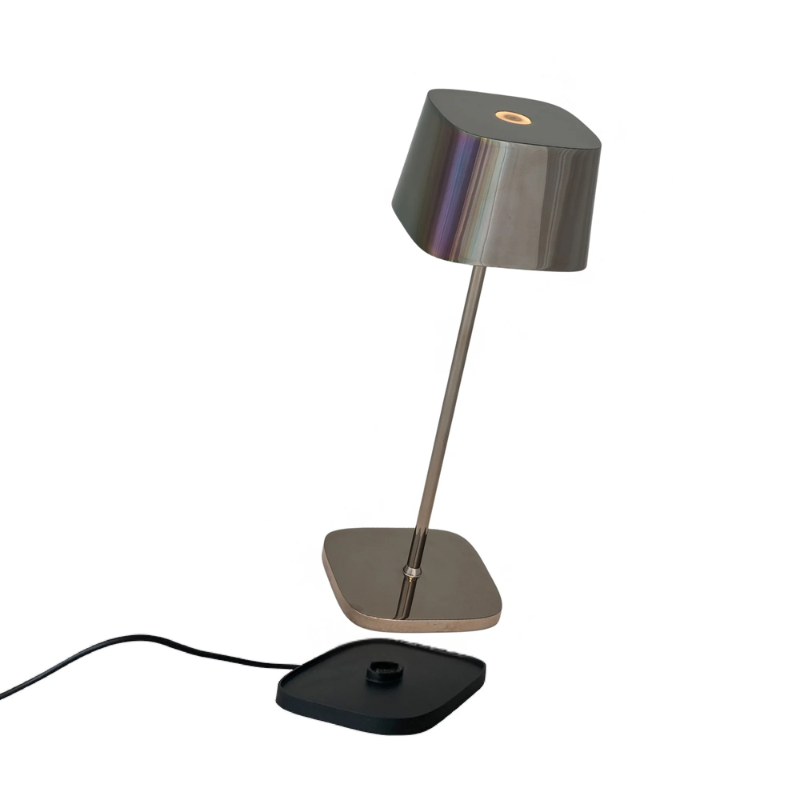 The black chrome Ofelia Pro cordless lamp from Zafferano, a portable light.