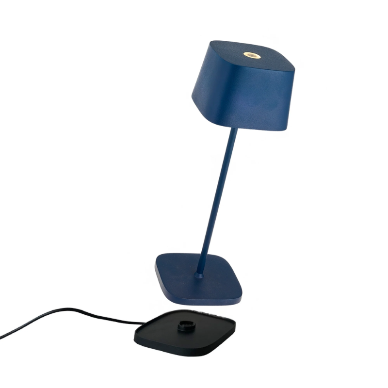 The steel blue Ofelia Pro cordless lamp from Zafferano, a portable light.