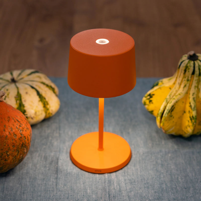 The orange Olivia Pro Mini from Zafferano on a dining table.