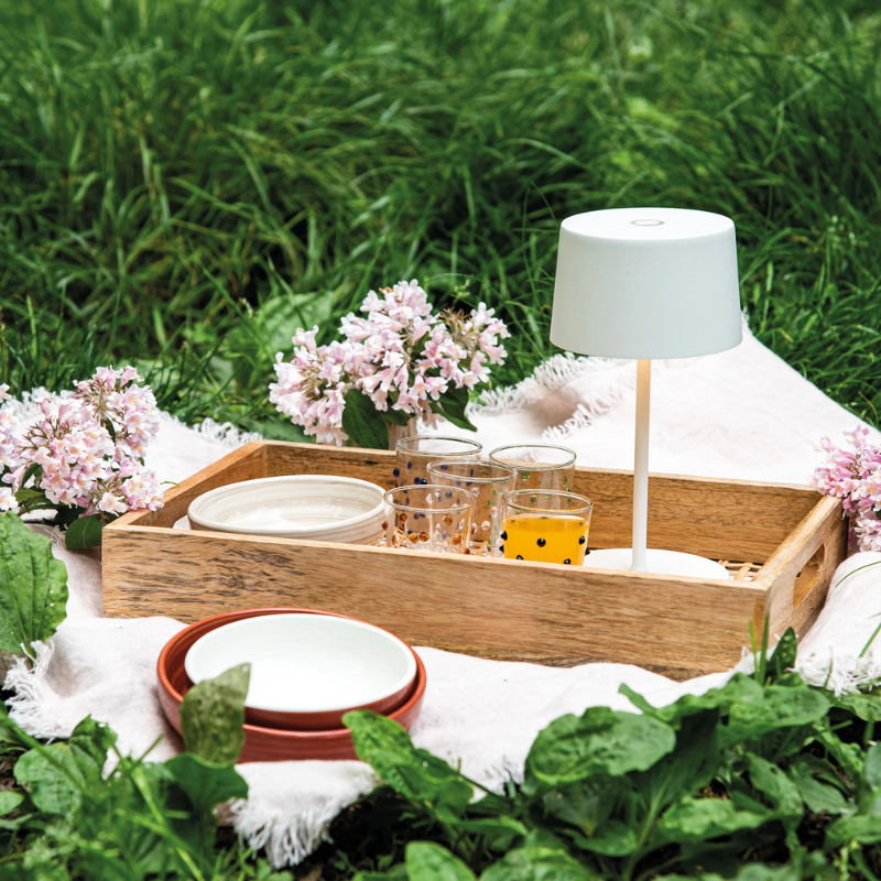 The white Olivia Pro Mini from Zafferano at an outdoor picnic.