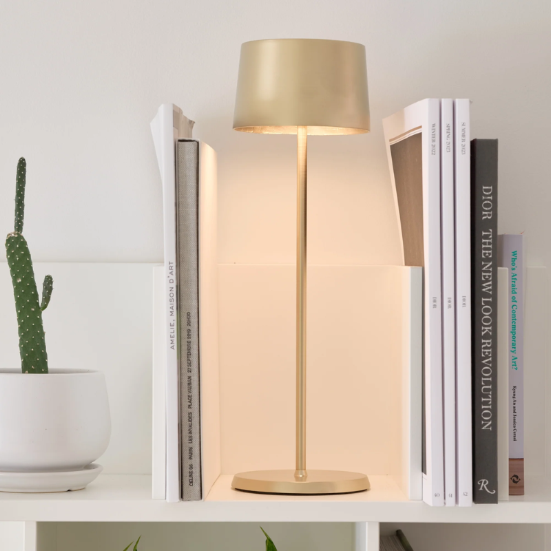 The satin brass Olivia Pro cordless lamp from Zafferano in a business office.