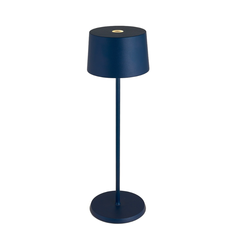 The steel blue Olivia Pro cordless lamp from Zafferano.