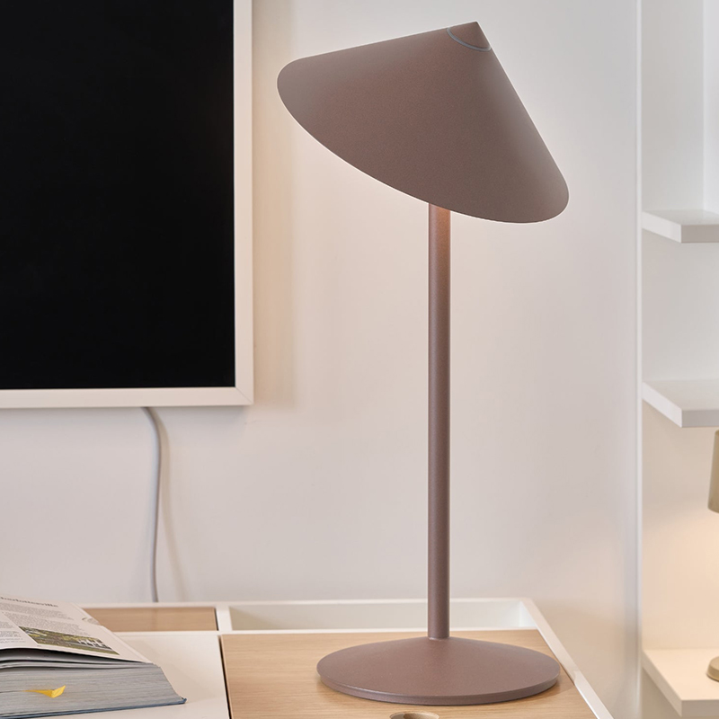 The Pina L Desk Lamp from Zafferano in bronze in a primary bedroom.