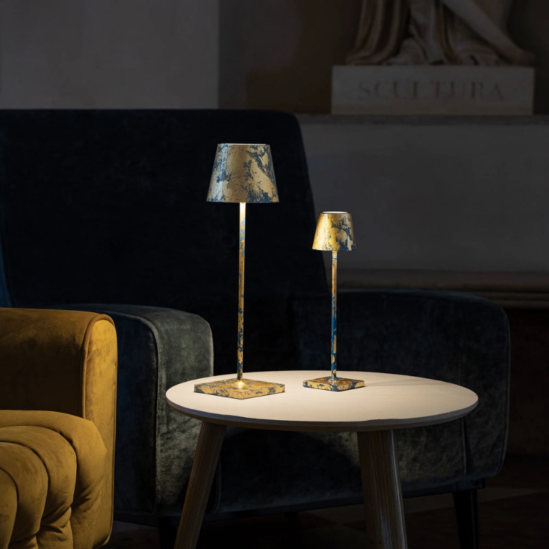 The gold leaf crackle blue Poldina Pro from Zafferano in a lounge.