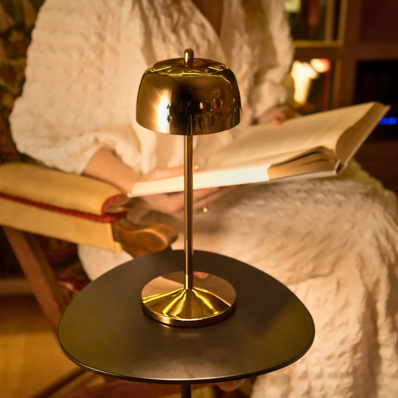 The polished gold Theta Pro from Zafferano used as a reading lamp.