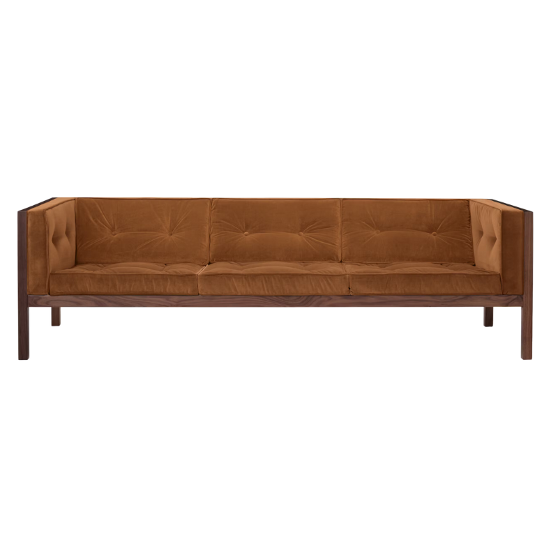The 92 inch Cube Sofa from Herman Miller with the walnut frame and flaxseed tempo velvet.