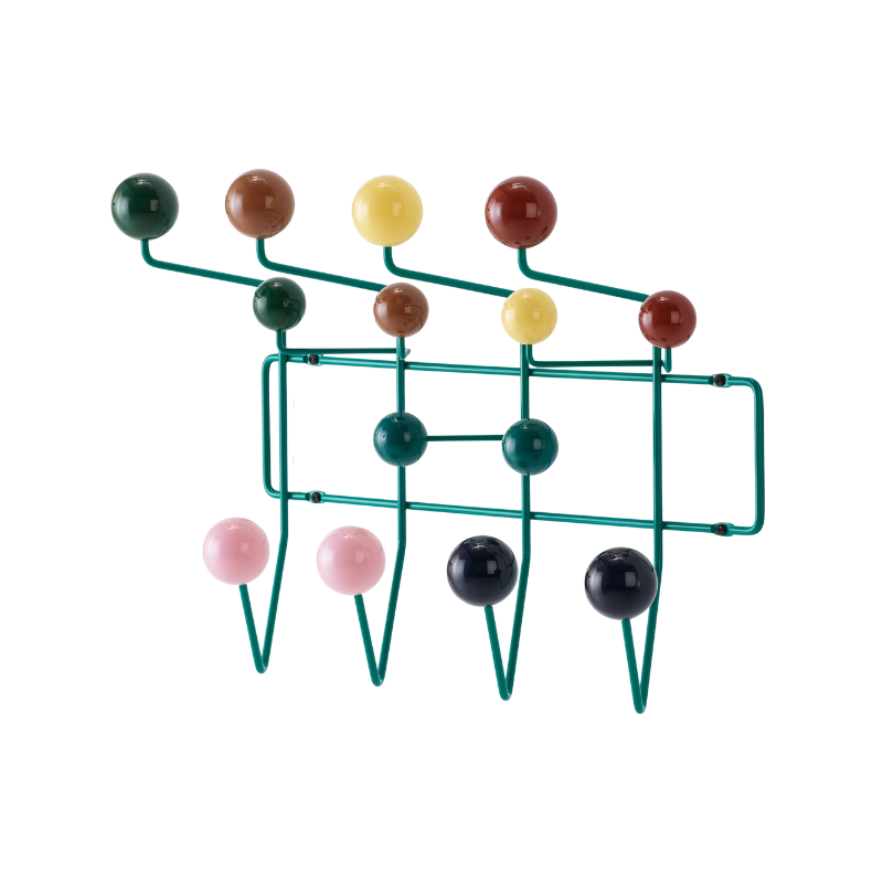 The Eames Hang-It-All rack from Herman Miller, designed by Herman Miller x Hay. This multipurpose rack, designed to hold coats, hats, bags, and much more, was created using the same technique for simultaneously welding wires that Charles and Ray developed for their low tables and wire chairs.