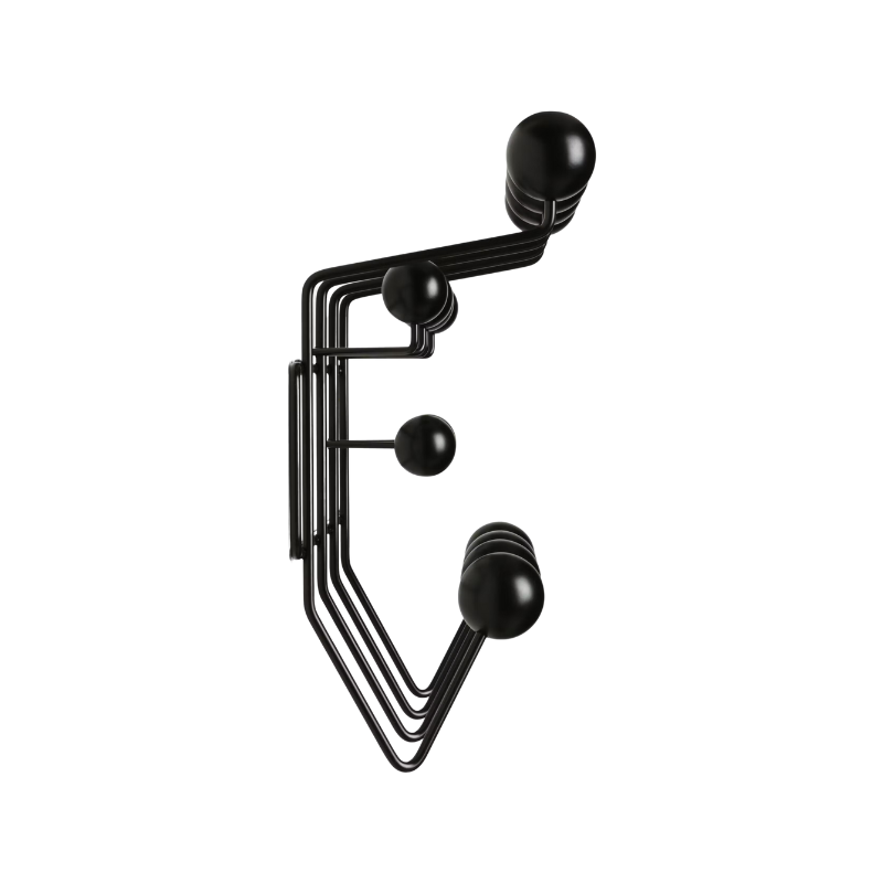 The Eames Hang-It-All, originally released in 1953, exemplifies the Eameses' belief in taking pleasure seriously. Made with a sturdy steel frame and solid wood balls, this colorful coat rack was created using the same technique for simultaneously welding wires that Charles and Ray developed for their low tables and wire chairs.