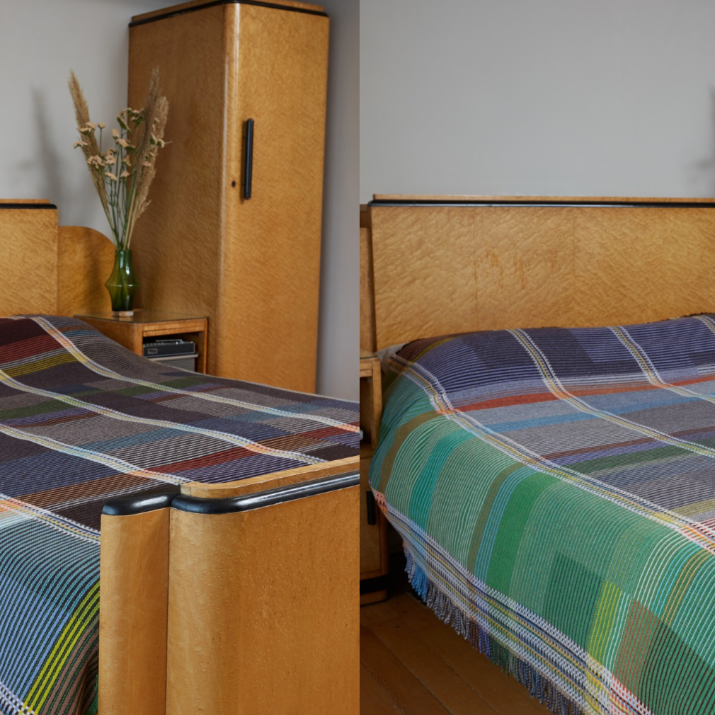 Woven in merino lambswool, Wallace & Sewell's Pinstripe throws combine bold-colored blocks with fine, detailed vertical stripes. This double-sided design also has a contrasting pixelated border and makes a stunning addition to a room.