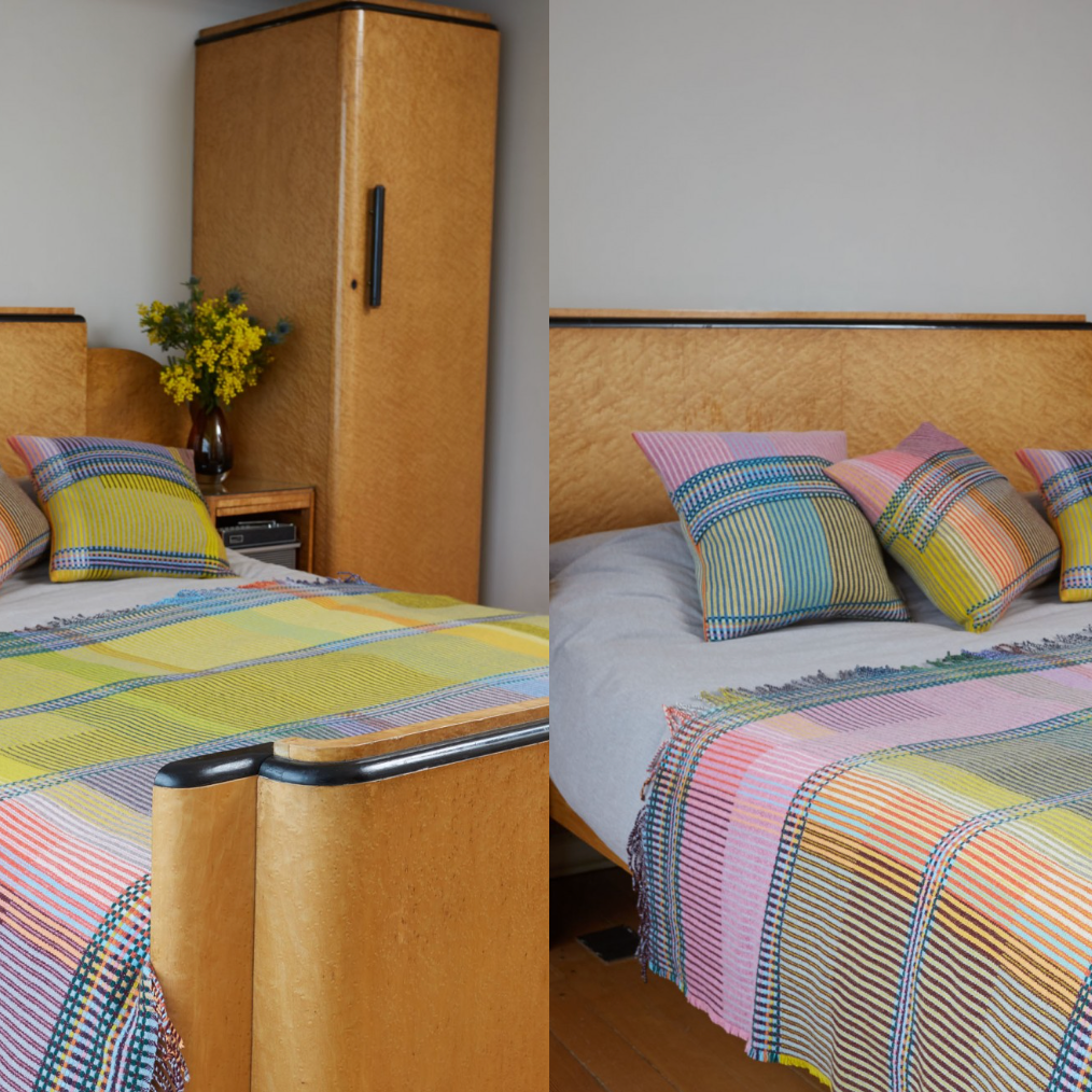 Woven in merino lambswool, Wallace & Sewell's Pinstripe throws combine bold-colored blocks with fine, detailed vertical stripes. This double-sided design also has a contrasting pixelated border and makes a stunning addition to a room.