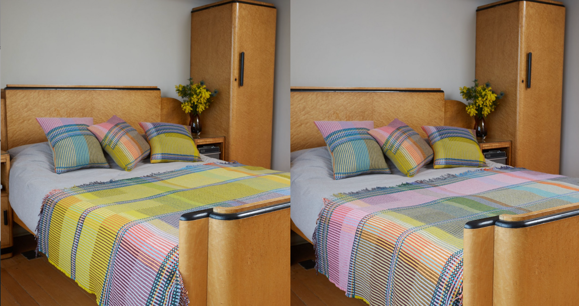 Woven in merino lambswool, Wallace & Sewell's Pinstripe throws combine bold-colored blocks with fine, detailed vertical stripes. This double-sided design also has a contrasting pixelated border and makes a stunning addition to a room.