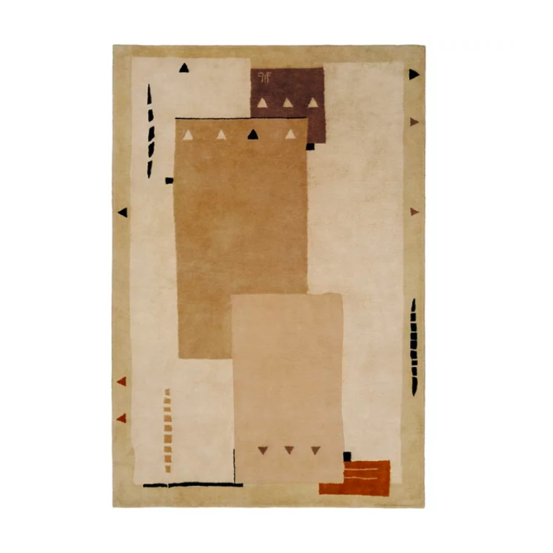 The Silva Area Rug from Toulemonde Boachart enlivens its surroundings with a signature, retro appeal. A rectangular piece created by Jean-Jacques Beaumé and made from New Zealand wool, it utilizes his experience with 1930s design, creating an updated, abstract presence that plays with stacked, interspersed rectangular patterns. These contrasting rectangles are further embellished by small triangles and wavy, segmented lines, creating a playful, enduring presence.