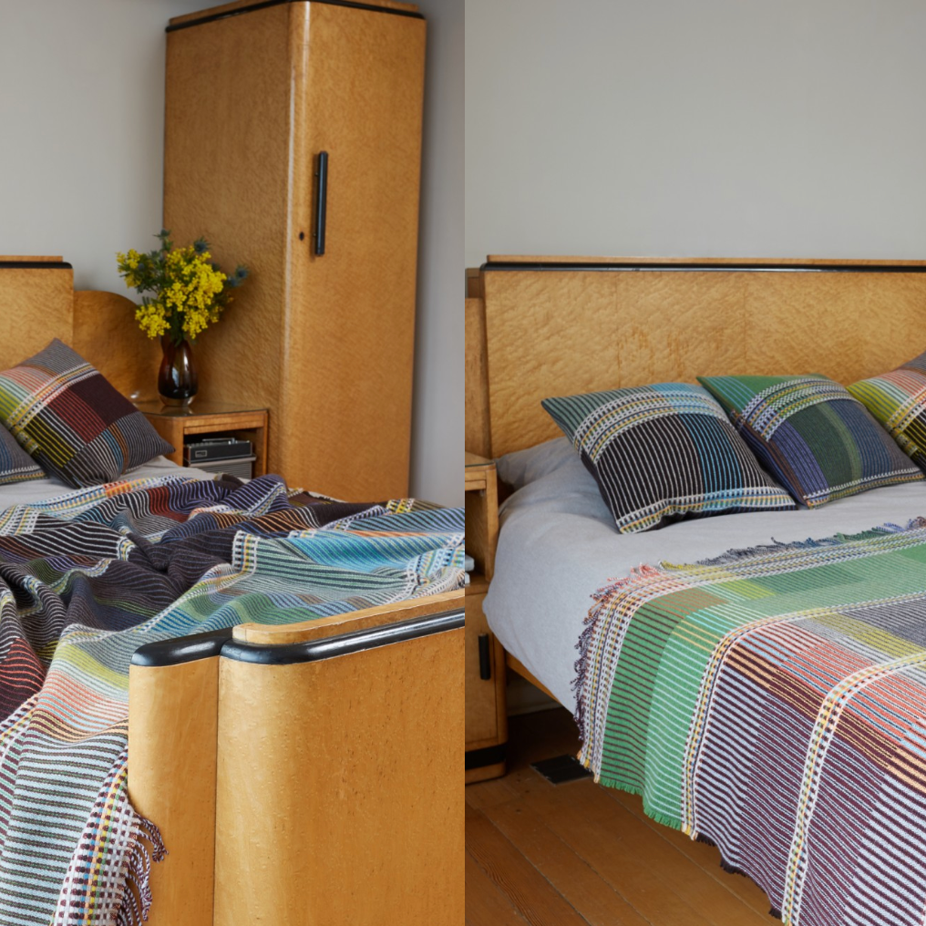 Woven in merino lambswool, Wallace & Sewell's Pinstripe throws combine bold-colored blocks with fine, detailed vertical stripes. This double-sided design also has a contrasting pixelated border and makes a stunning addition to a room.