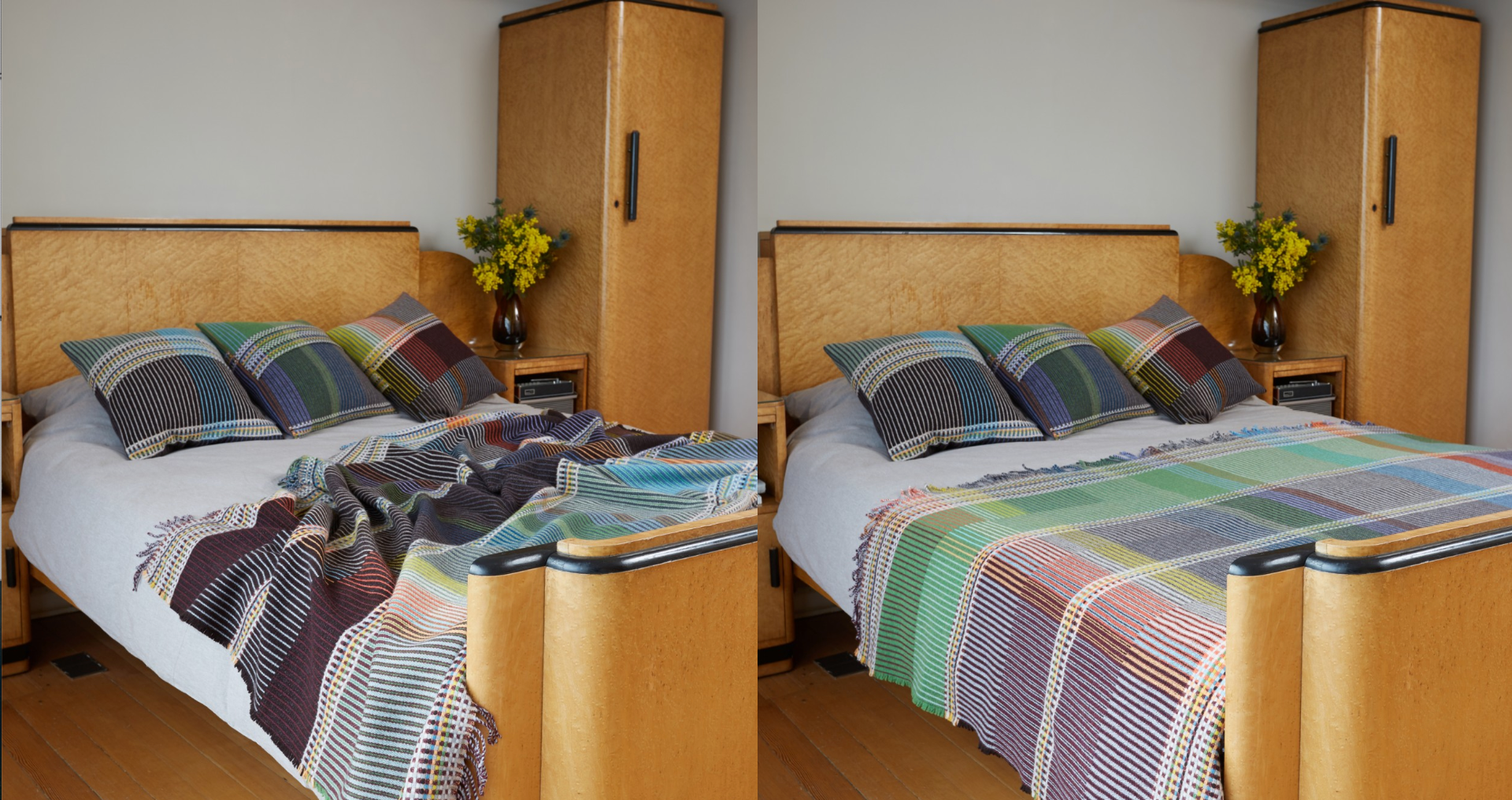 Woven in merino lambswool, Wallace & Sewell's Pinstripe throws combine bold-colored blocks with fine, detailed vertical stripes. This double-sided design also has a contrasting pixelated border and makes a stunning addition to a room.