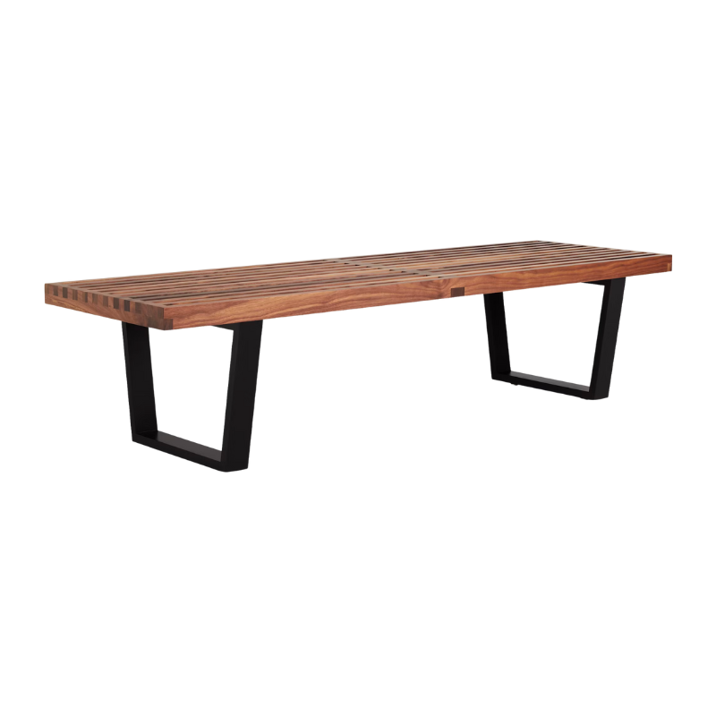 The Nelson Platform Bench from Herman Miller in walnut with the wood base from the side.