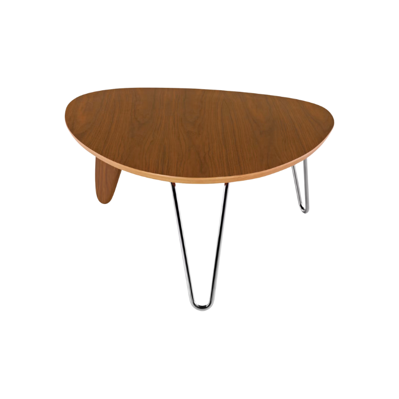 Balanced on two hairpin chrome legs and a single wooden "rudder," the wood top of the Noguchi Rudder Table (1949) seems to float airily in space. This wood and metal leg coffee table is available in three finishes and is an authentic Noguchi design created for Herman Miller.