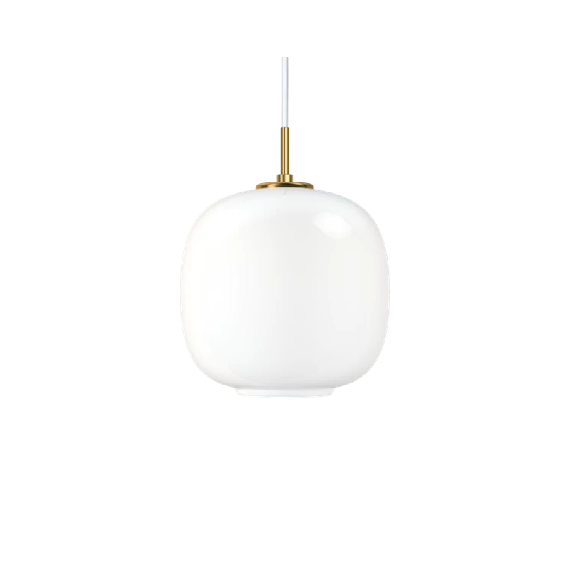 Originally designed in the 1940s by Vilhelm Lauritzen for a project in Copenhagen, the Louis Poulsen VL45 Radiohus Pendant is everything we love about modern design. The lantern shape is smooth and crisply rendered from three layers of hand-blown glass, casting a glowing light from its center that is both functional and beautiful to witness. The glass is topped with a Brushed Brass tube, adding a nice metallic accent to the warmth of the opal glass.