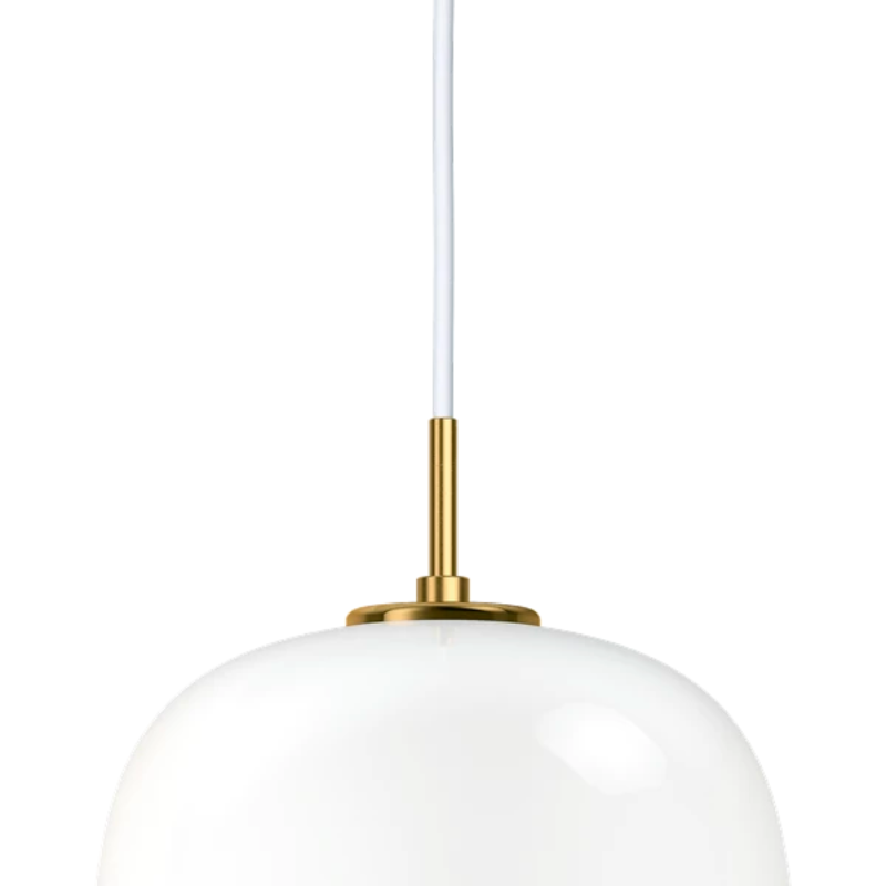 Originally designed in the 1940s by Vilhelm Lauritzen for a project in Copenhagen, the Louis Poulsen VL45 Radiohus Pendant is everything we love about modern design. The lantern shape is smooth and crisply rendered from three layers of hand-blown glass, casting a glowing light from its center that is both functional and beautiful to witness. The glass is topped with a Brushed Brass tube, adding a nice metallic accent to the warmth of the opal glass.