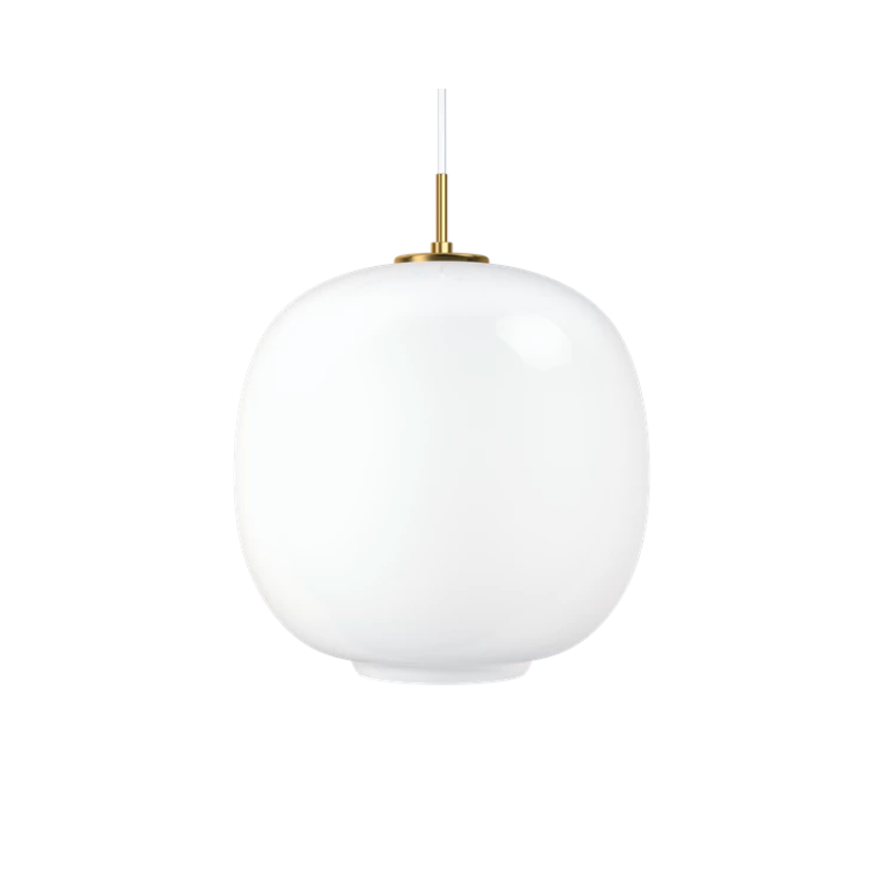 Originally designed in the 1940s by Vilhelm Lauritzen for a project in Copenhagen, the Louis Poulsen VL45 Radiohus Pendant is everything we love about modern design. The lantern shape is smooth and crisply rendered from three layers of hand-blown glass, casting a glowing light from its center that is both functional and beautiful to witness. The glass is topped with a Brushed Brass tube, adding a nice metallic accent to the warmth of the opal glass.