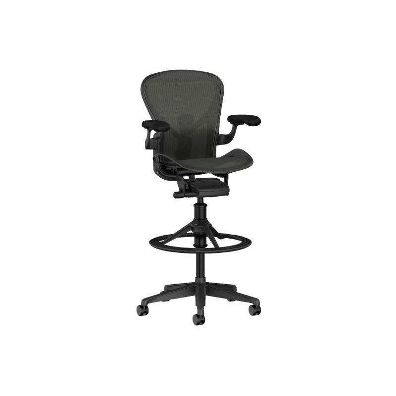 The Aeron office chair by Herman Miller revolutionized office seating with its defining design qualities: the pioneering Pellicle suspension material and its patented PostureFit SL back support, which affords the ideal sit — chest open, shoulders back, pelvis tilted slightly forward.