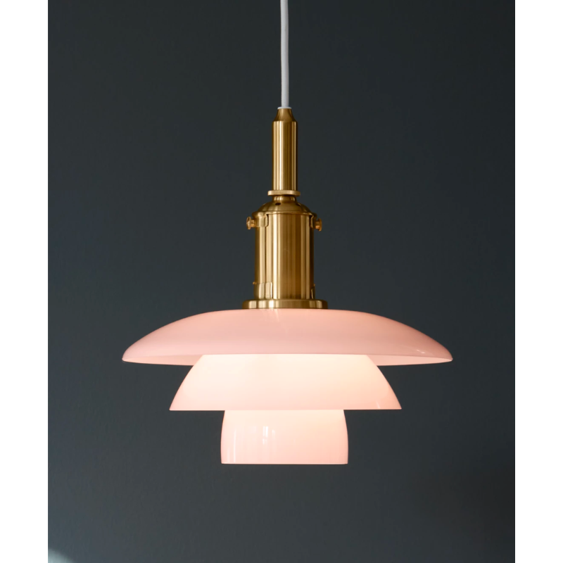 the PH 3/3 Pale Rose Pendant boasts beautiful, mouthblown pale rose glass shades, that are sandblasted on the underside to provide optimal light.