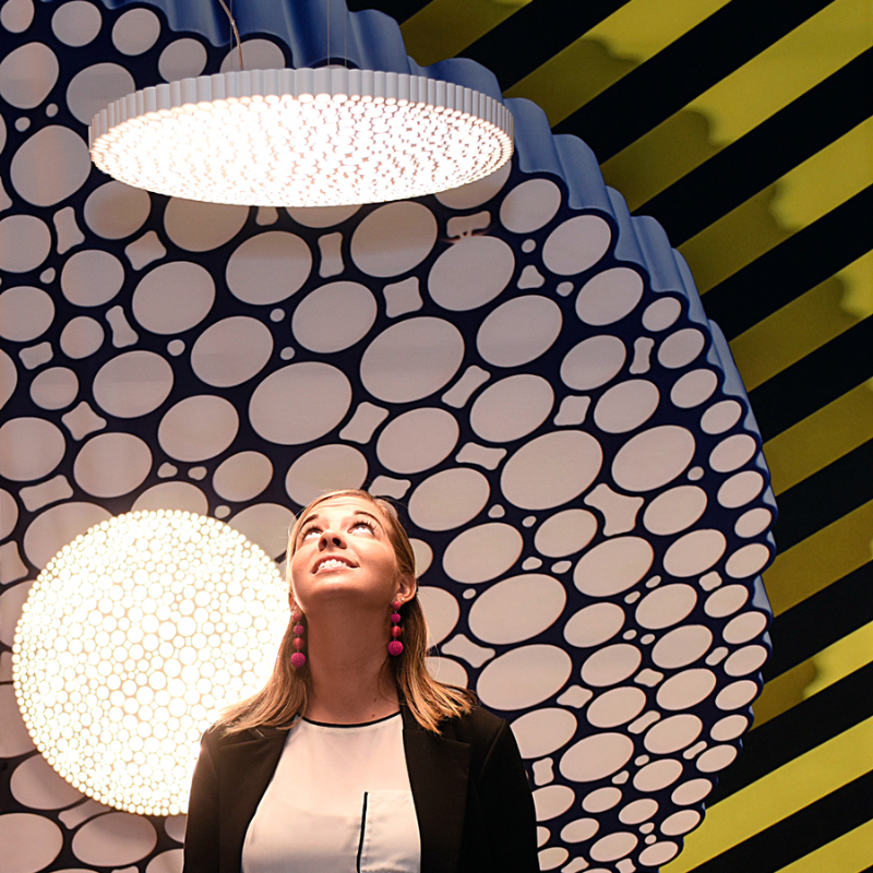 This is the Calipso Suspension pendant light from Artemide in a showroom.