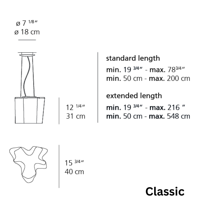 These are the dimensions for the Logico Classic Suspension pendant light from Artemide, with the standard and extended length dimensions included on the side.