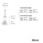 These are the dimensions for the Logico Micro Suspension pendant light from Artemide, with the standard and extended length dimensions included on the side.