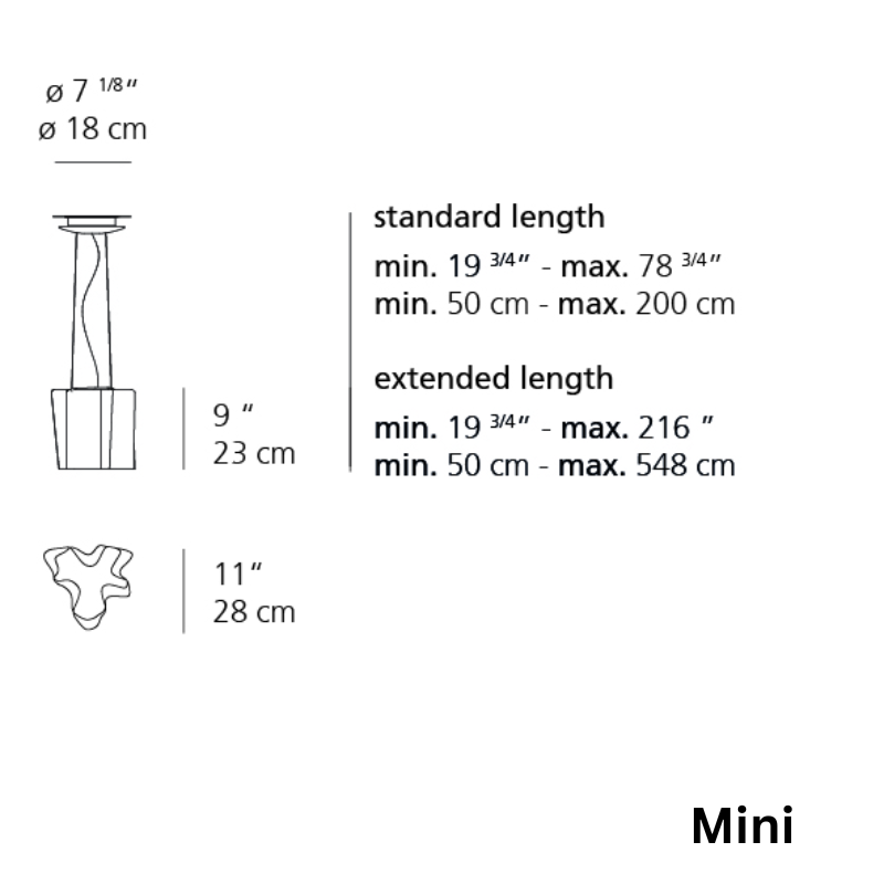 These are the dimensions for the Logico Mini Suspension pendant light from Artemide, with the standard and extended length dimensions included on the side.