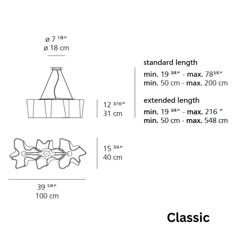 These are the dimensions for the Classic Logico Triple Suspension pendant light from Artemide.