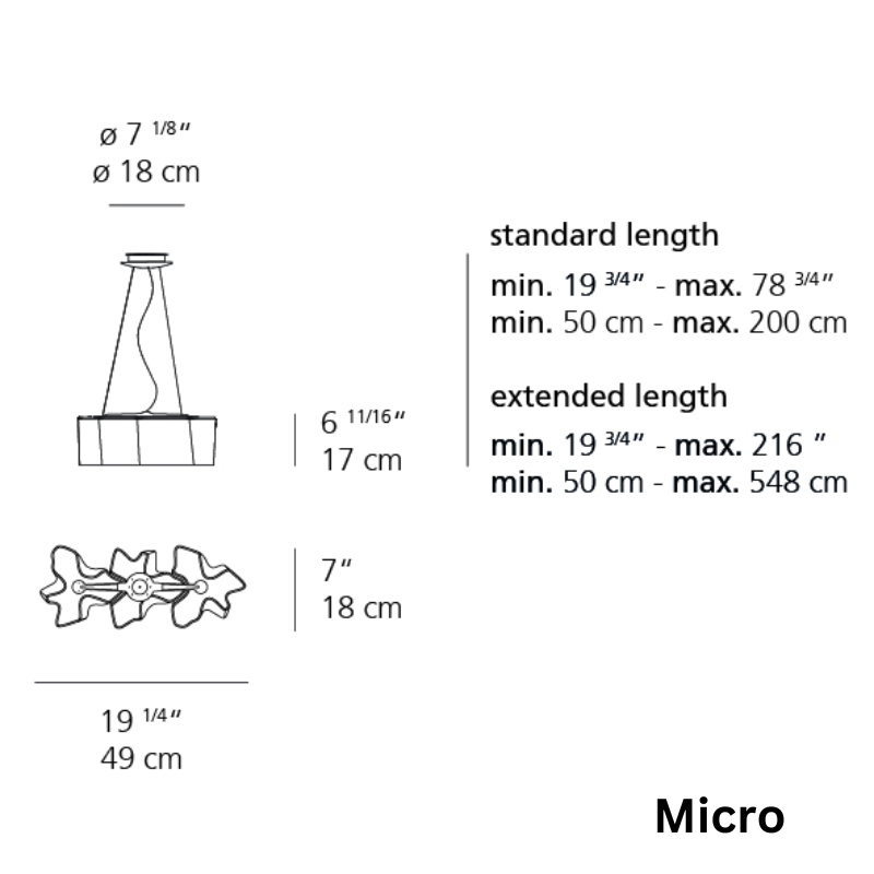 These are the dimensions for the Micro Logico Triple Suspension pendant light from Artemide.