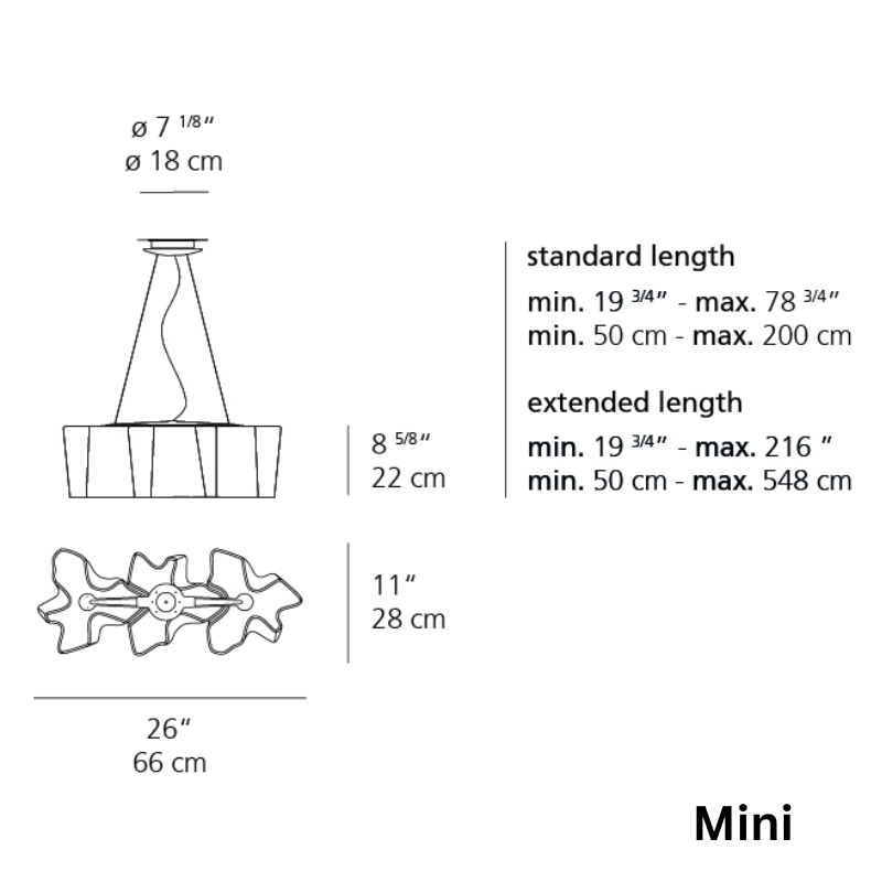 These are the dimensions for the Mini Logico Triple Suspension pendant light from Artemide.