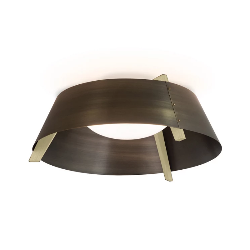 The Casia Flush Mount from Cerno with the distressed brass shade and white washed oak frame.