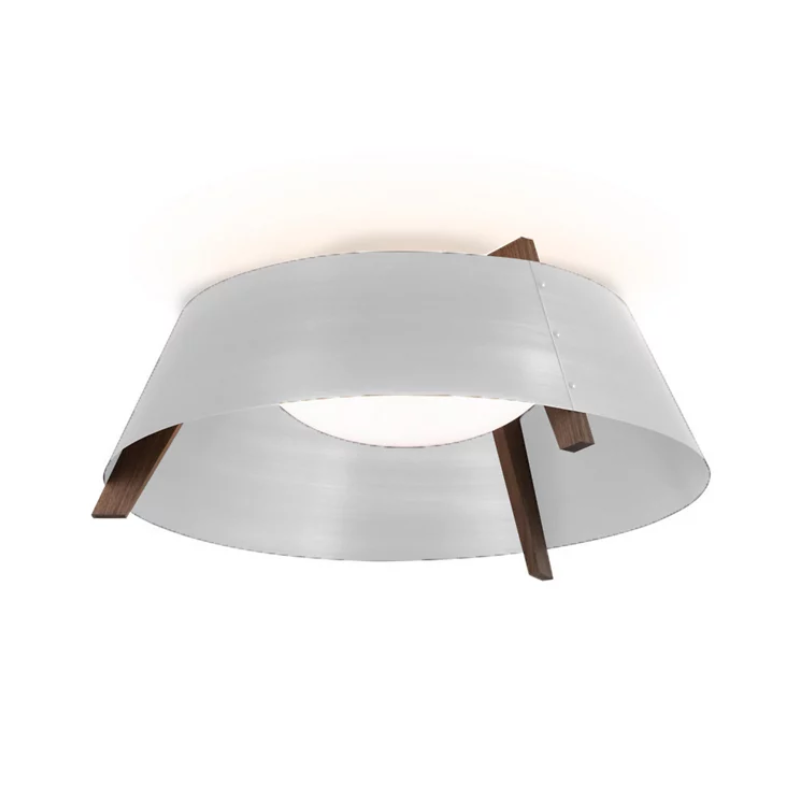 The Casia Flush Mount from Cerno with the gloss white shade and walnut frame.