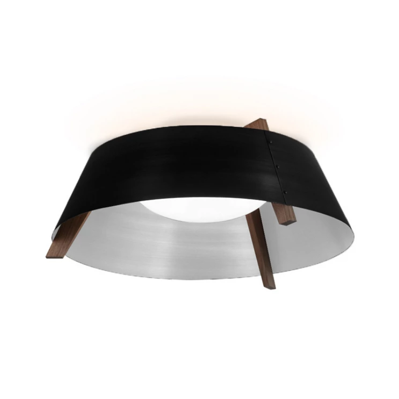 The Casia Flush Mount from Cerno with the matte black and white shade and walnut frame.