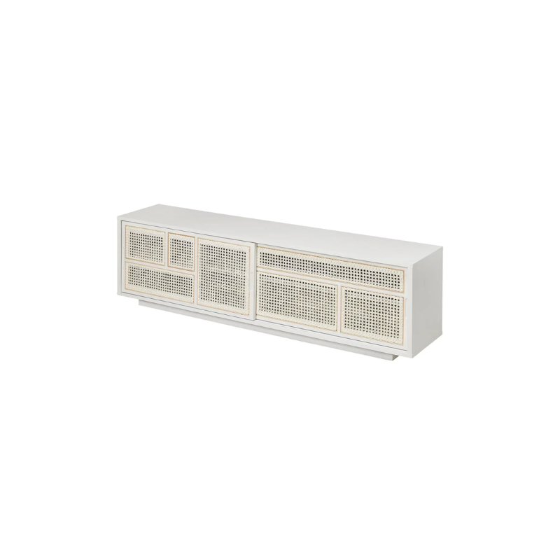 The Air Sideboard, Low by Design House Stockholm boasts a graphic pattern of rattan made of natural cane inlays, giving a feeling of lightness and transparency. The Air Sideboard can be used as a freestanding room divider or placed against a wall as a TV stand.