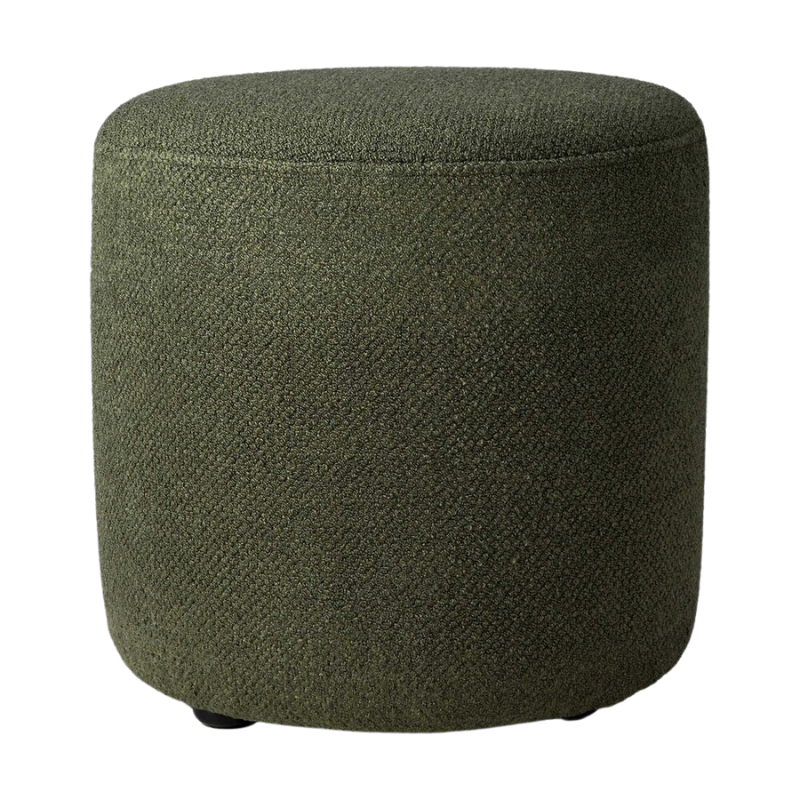 The Barrow Pouf from Ethnicraft in the small 15.5 inch size and pine green fabric.