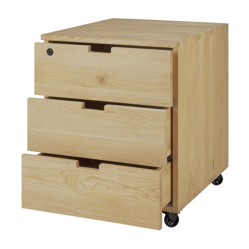 The Billy Drawer Unit from Ethnicraft in oak with all three drawers open.
