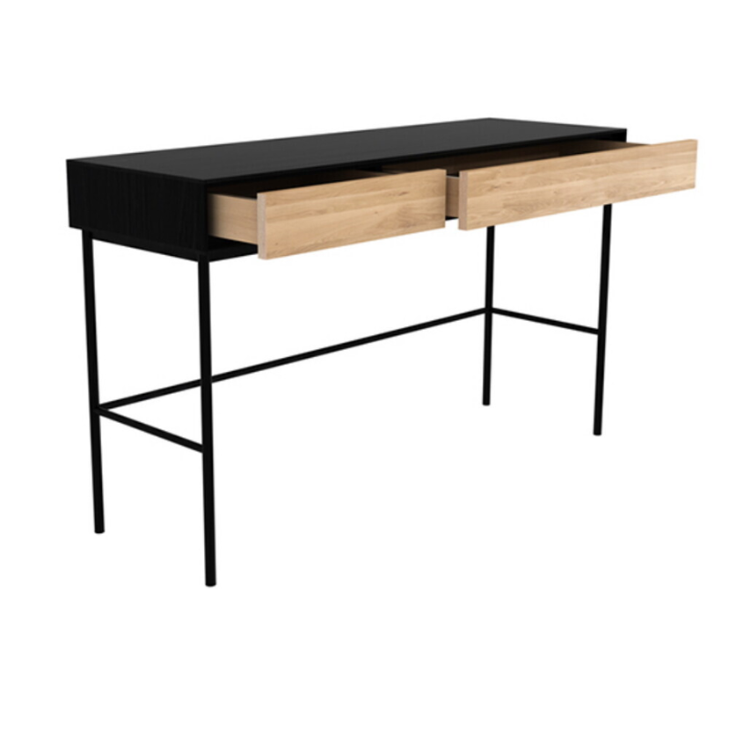 The Blackbird Desk from Ethnicraft with both drawers opened.