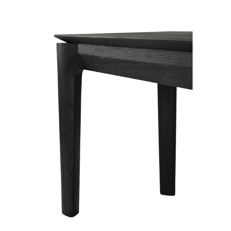 The Bok Bench from Ethnicraft in the black oak finish with a close up on the legs of the bench.