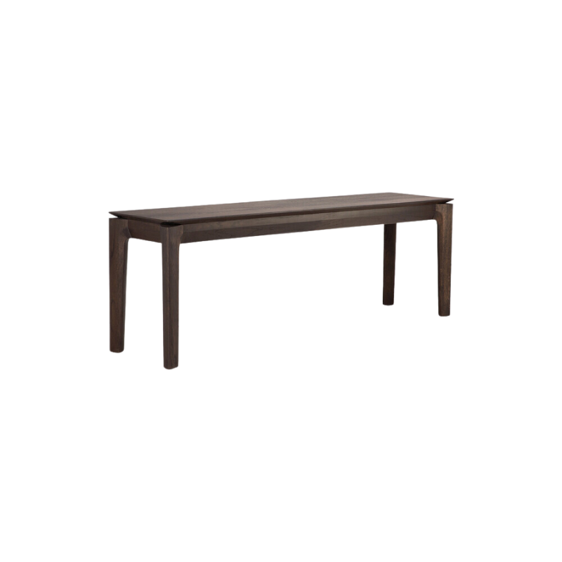The Bok Bench from Ethnicraft in the brown oak finish and 49.5 inch length from a side angle.