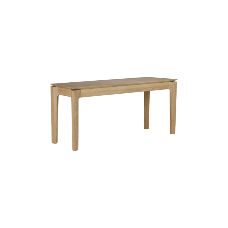 The Bok Bench from Ethnicraft in the oak finish and 49.5 inch length from a side angle.