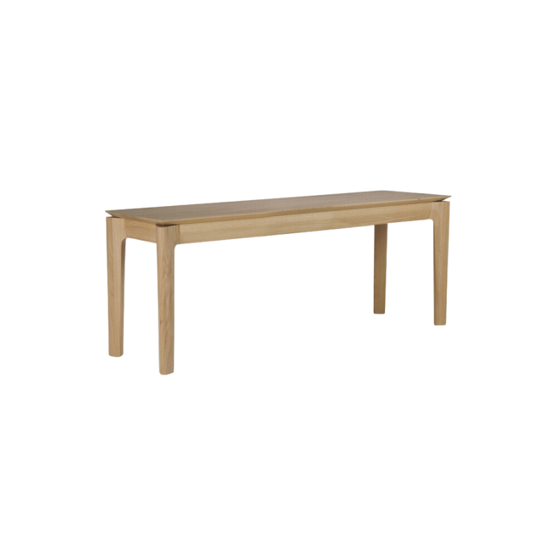 The Bok Bench from Ethnicraft in the oak finish and 57.5 inch length from a side angle.