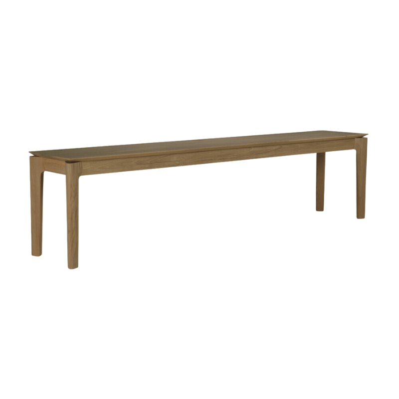 The Bok Bench from Ethnicraft in the teak finish and 73 inch length from a side angle.