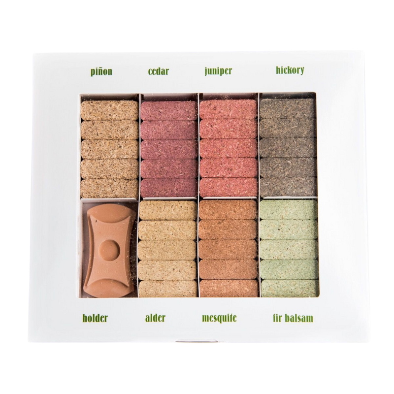 The Seven Scent Sampler from Incienso De Santa Fe which includes 70 incense bricks and one holder.