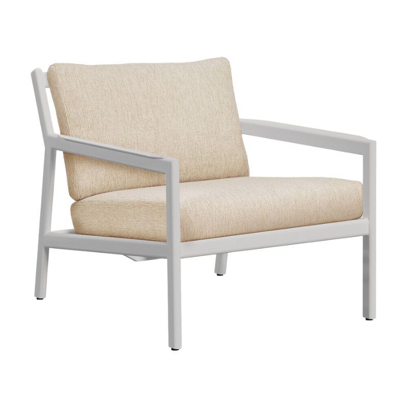 The Jack Outdoor Lounge Chair from Ethnicraft made from aluminum with the natural cushion.