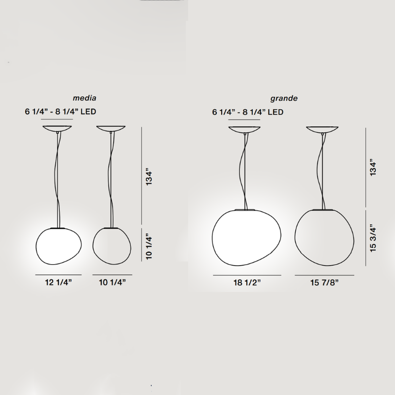 The dimensions for the Media and Grande Gregg Suspension light from Foscarini.