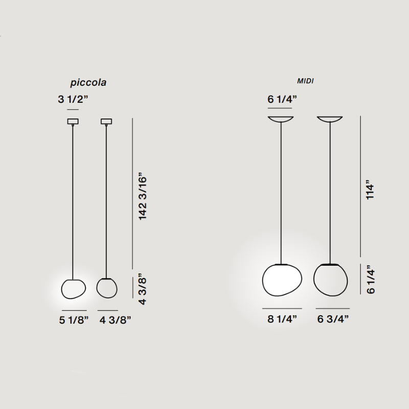 The dimensions for the Piccola and MIDI Gregg Suspension light from Foscarini.