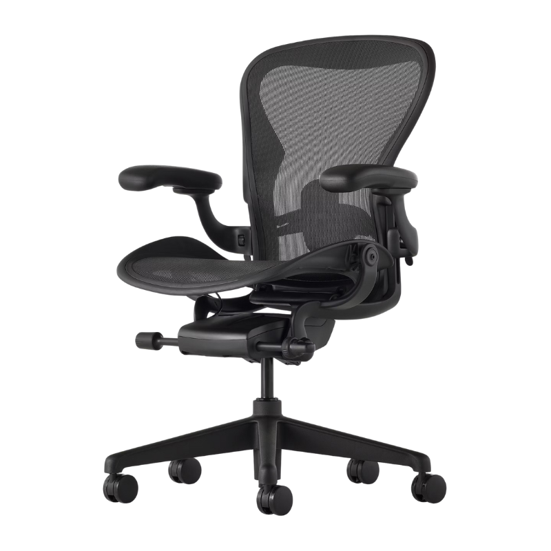 The Aeron Chair from Herman Miller with the adjustable lumbar support back support in black and onyx ultra matte.