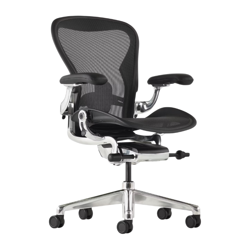 The Aeron Chair from Herman Miller with the adjustable lumbar support back support in black and polished aluminum.